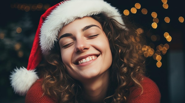 bella donna con cappello da Babbo Natale in posa su sfondo festivo creato con la tecnologia Al generativa