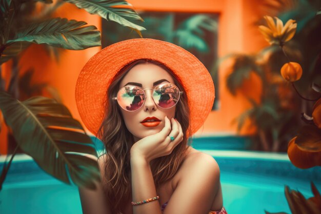 Bella donna con cappello e occhiali da sole che si diverte con le sue vacanze estive in piscina generativa ai