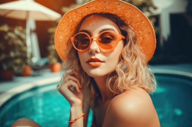 Bella donna con cappello e occhiali da sole che si diverte con le sue vacanze estive in piscina generativa ai