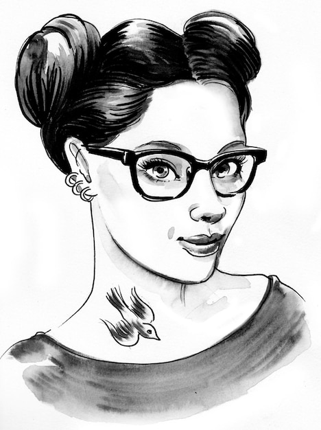 Bella donna con gli occhiali. Disegno a china e acquerello