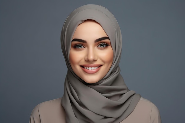 bella donna con hijab sorride su sfondo grigio