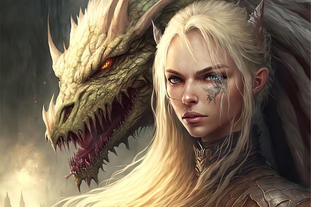 Bella donna con i capelli biondi e il suo animale domestico drago creatura fantasy Generative Ai Generative AI