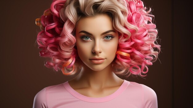 bella donna con i capelli biondi in abito rosa