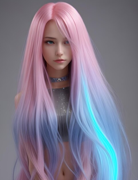 bella donna con i capelli luminosi sfondo di colore rosa blu nell'illuminazione della città scura IA generata