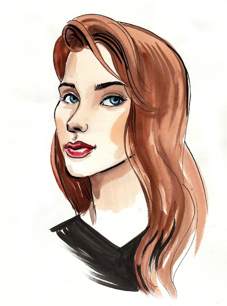 Bella donna con i capelli lunghi. Disegno a china e acquerello