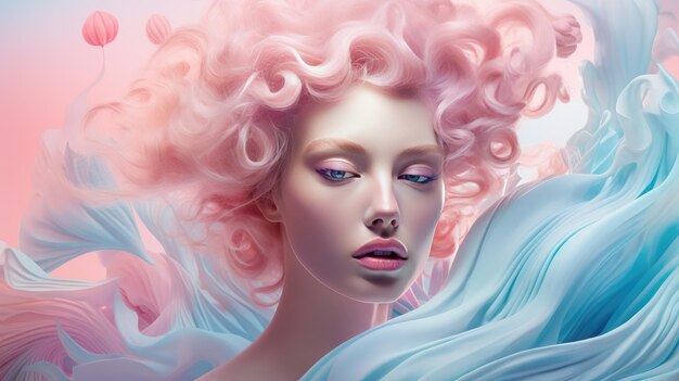 Bella donna con i capelli rosa morbidi su uno sfondo blu