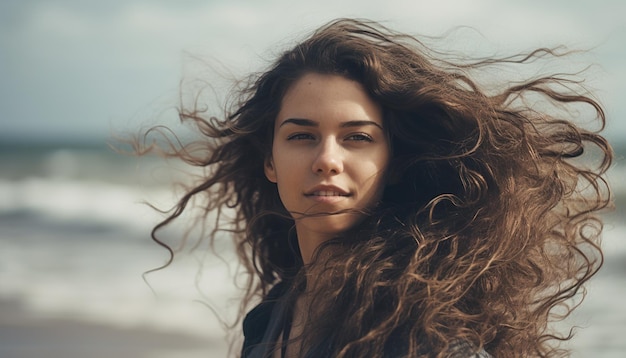 Bella donna con i capelli svolazzanti sulla spiaggia