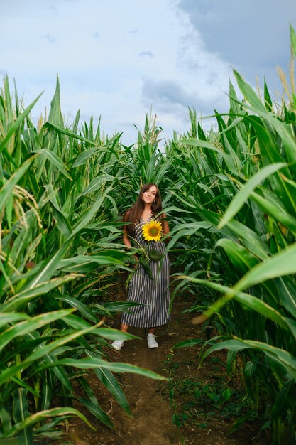 Bella donna con il girasole tra le mani in piedi nel campo di mais