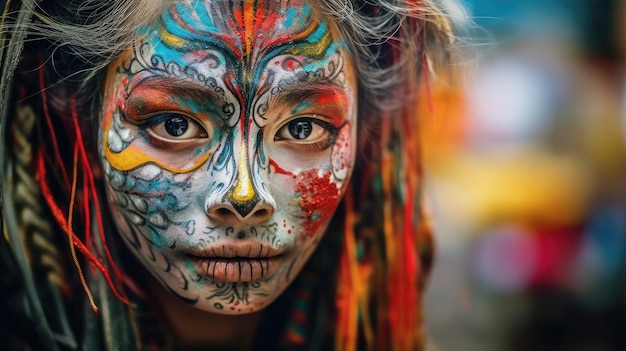Bella donna con il trucco di teschi messicani sul viso e vestita per il Giorno dei Morti in Messico
