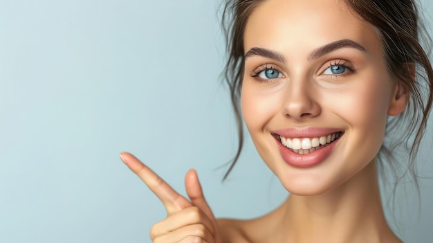 Bella donna con la pelle pulita e fresca Dolce ragazza sorridente ed espressiva che punta di lato Presentando il tuo prodotto Espressioni facciali espressive Cosmetologia bellezza e spa Cura del viso