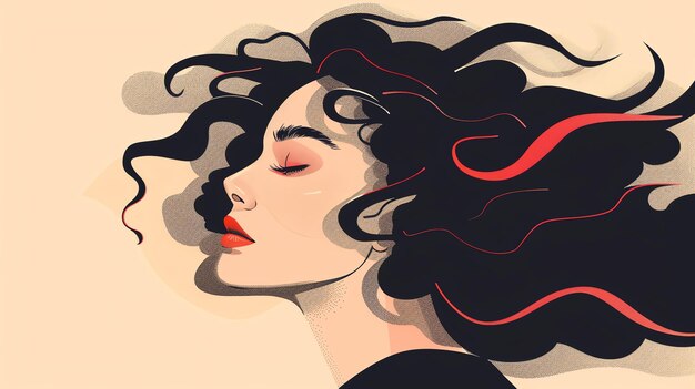 Bella donna con lunghi capelli neri che soffia nel vento indossa un rossetto rosso e ha gli occhi chiusi lo sfondo è di un morbido colore beige
