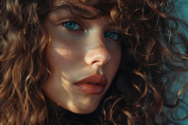 Bella donna con lunghi capelli ondulati lucidi e capelli ricci.