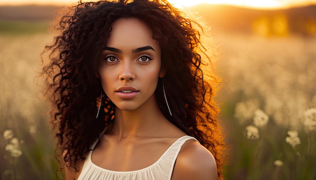 Bella donna con lunghi capelli ricci nel paesaggio IA generativa