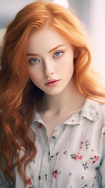 Bella donna con lunghi capelli ricci rossi testa rossa IA generativa