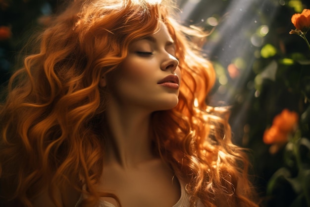 bella donna con lunghi capelli rossi al sole