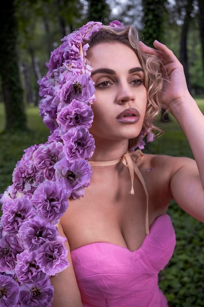 Bella donna con mantello di fiori nella foresta di edera