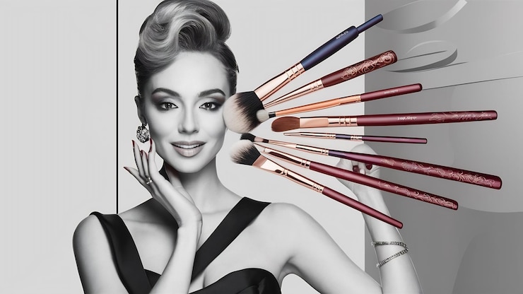 Foto bella donna con pennelli da trucco vicino al viso bella ragazza posa con strumenti cosmetici