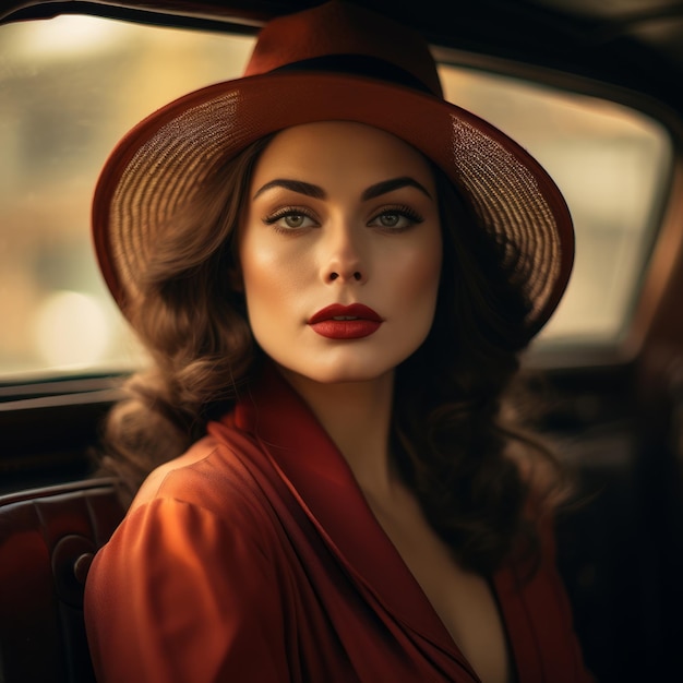 bella donna con rossetto rosso e cappello seduto in macchina