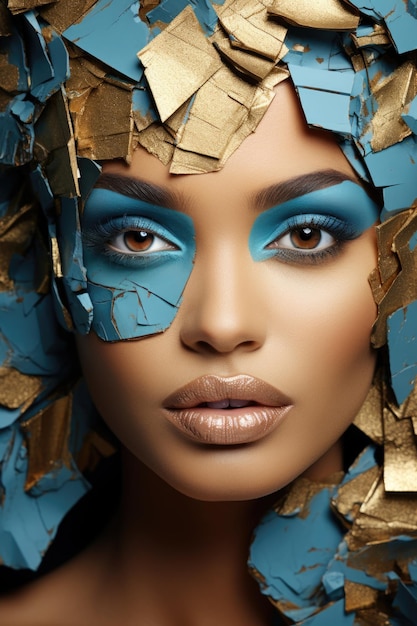 Bella donna con trucco oro e blu ai