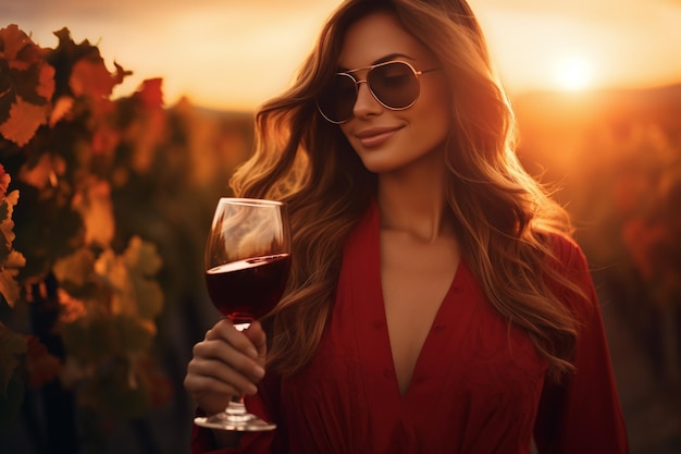Bella donna con un bicchiere di vino nel vigneto