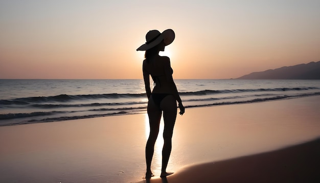 bella donna con un cappello da bagno in piedi sulla spiaggia