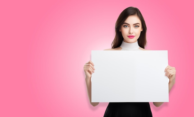 Bella donna con un cartellone bianco isolato sullo sfondo rosa