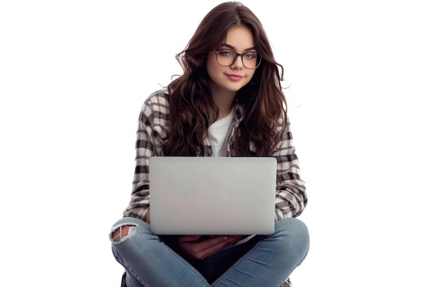 Bella donna con un laptop su sfondo bianco