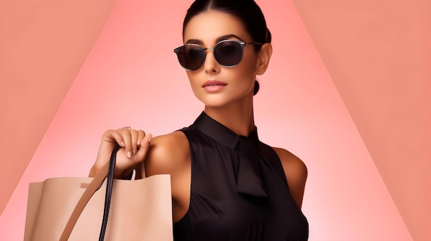 Bella donna con un vestito nero e occhiali da sole che tiene sacchetti da shopping sullo sfondo rosa isolato