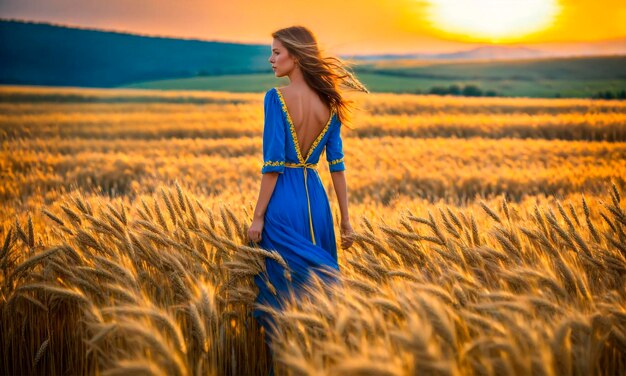 Bella donna con una bandiera in un campo di grano in Ucraina