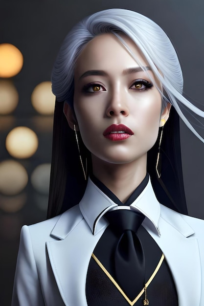 Bella donna cyborg coreana in abito bianco