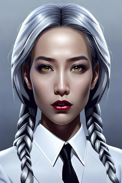 Bella donna cyborg coreana in abito bianco