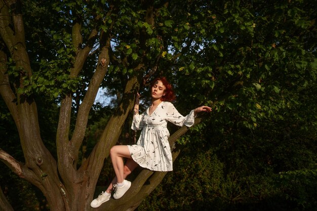 Bella donna dai capelli rossi in bianco si siede sul ramo degli alberi e posa alla luce del tramonto.