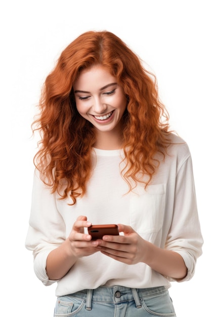 Bella donna dai capelli rossi sorridente usa un telefono cellulare su uno sfondo bianco