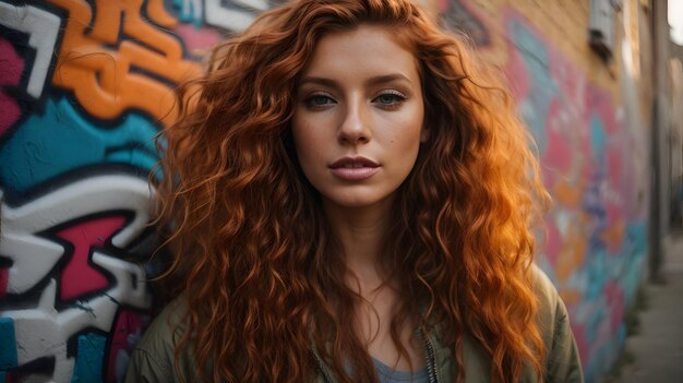 bella donna dai capelli rossi sul muro dei graffiti