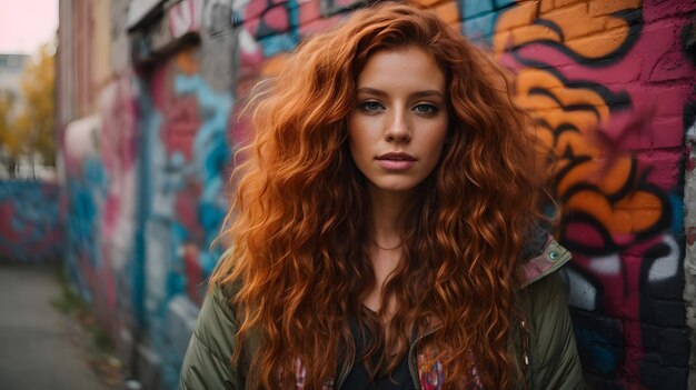 bella donna dai capelli rossi sul muro di graffiti
