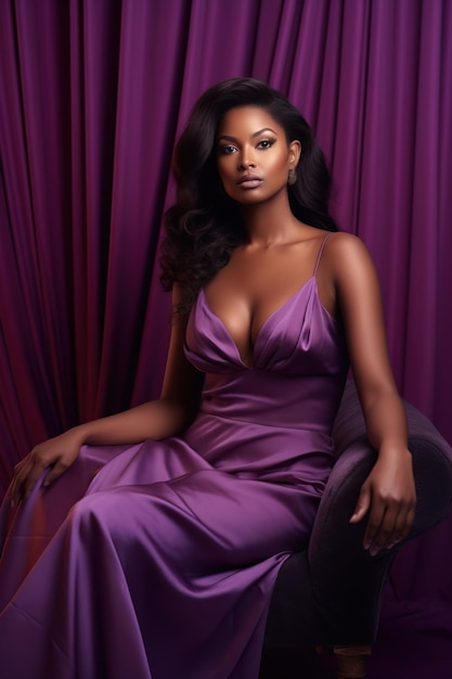 Bella donna dalla pelle scura in abito viola nella stanza viola