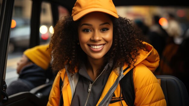 Bella donna di consegna afroamericana in giacca gialla e berretto seduto in autobus