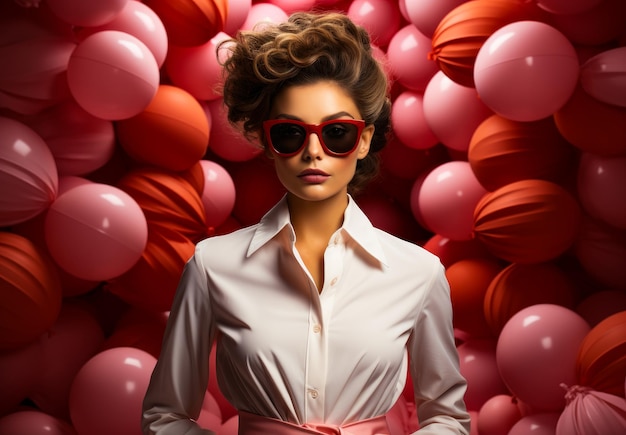 Bella donna elegante con gli occhiali da sole sullo sfondo di palloncini Bellezza moda