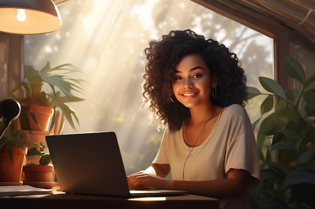 bella donna etnica sorridente lavora in remoto su un laptop da casa Ai generativa