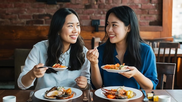 Bella donna felice asiatica lesbica coppia LGBT seduta su entrambi i lati a mangiare un piatto di frutti di mare italiani