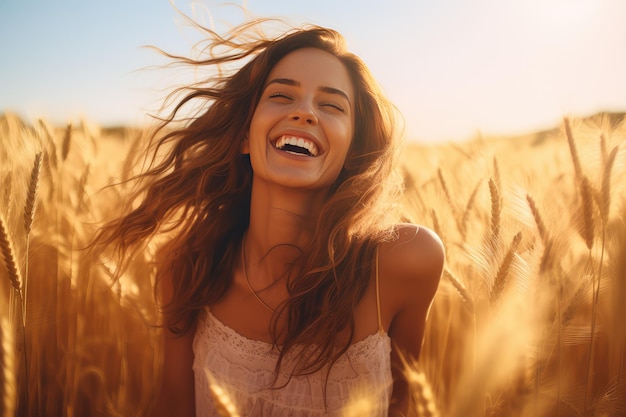 Bella donna felice che sorride in un campo di grano