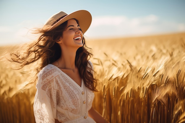 Bella donna felice che sorride in un campo di grano