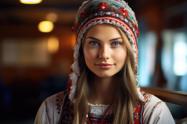 Bella donna finlandese con un copricapo nazionale