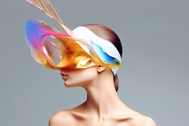 Bella donna futuristica decorata con elementi traslucidi colorati