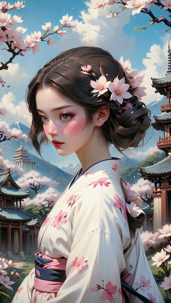 Bella donna giapponese che indossa il tradizionale kimono antico tempio e alberi in fiore di sakura