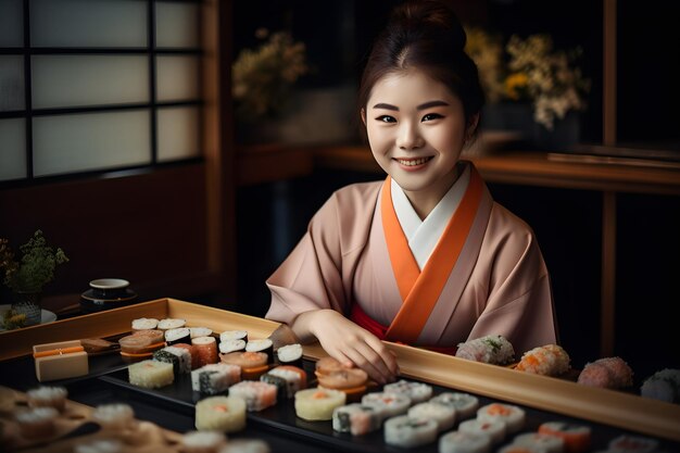 Bella donna giapponese in kimono nella tradizionale casa giapponese o nella sala ristorante ryokan al tavolo