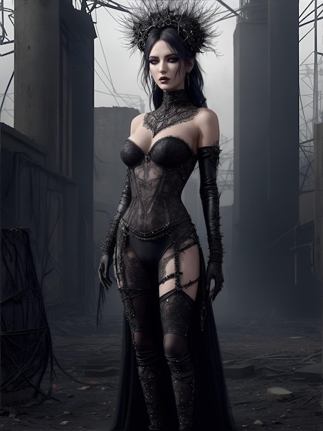 Bella donna gotica in lingerie nera e copricapo con piume sopra la testa