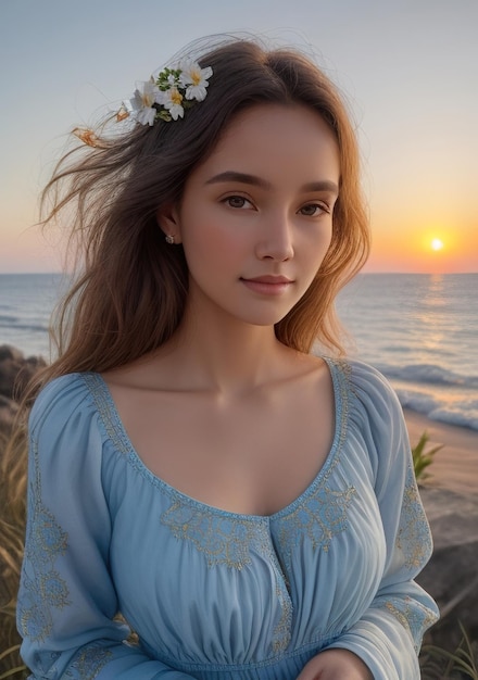 Bella donna in abito azzurro sulla spiaggia con il tramonto in primavera AI generativa