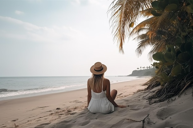 Bella donna in abito bianco e cappello seduto sulla spiaggia di sabbia IA generativa