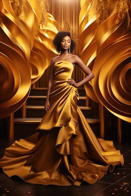 Bella donna in abito dorato nella stanza d'oro